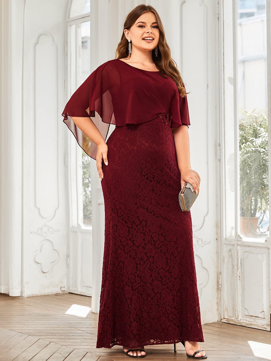 Plus Size Elegant Lace Fitted and Flared Maxi Mother of the Bride Dress #color_Burgundy