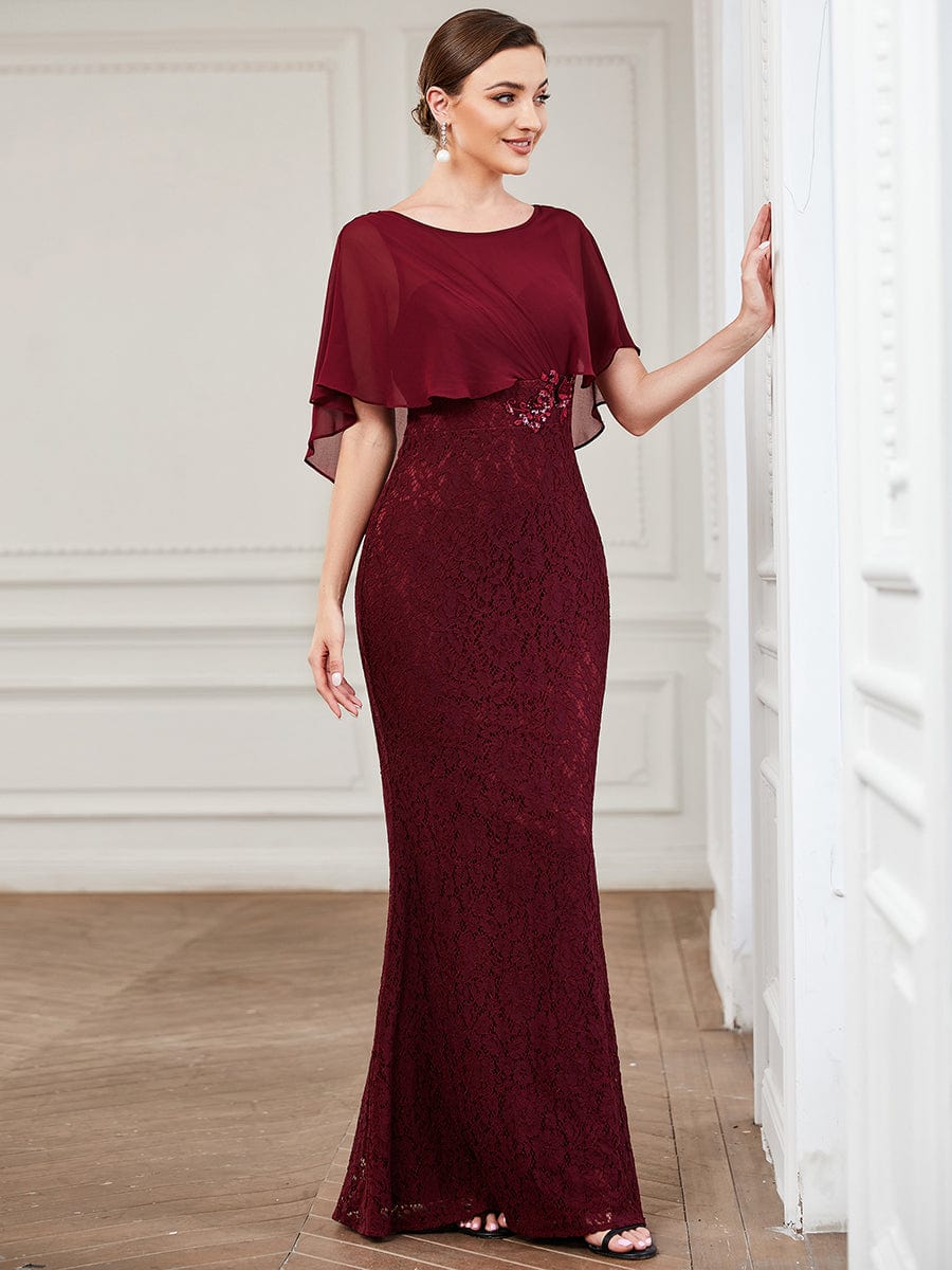 Elegant Capelet Lace Fit and Flare Mother of the Bride Dress #color_Burgundy