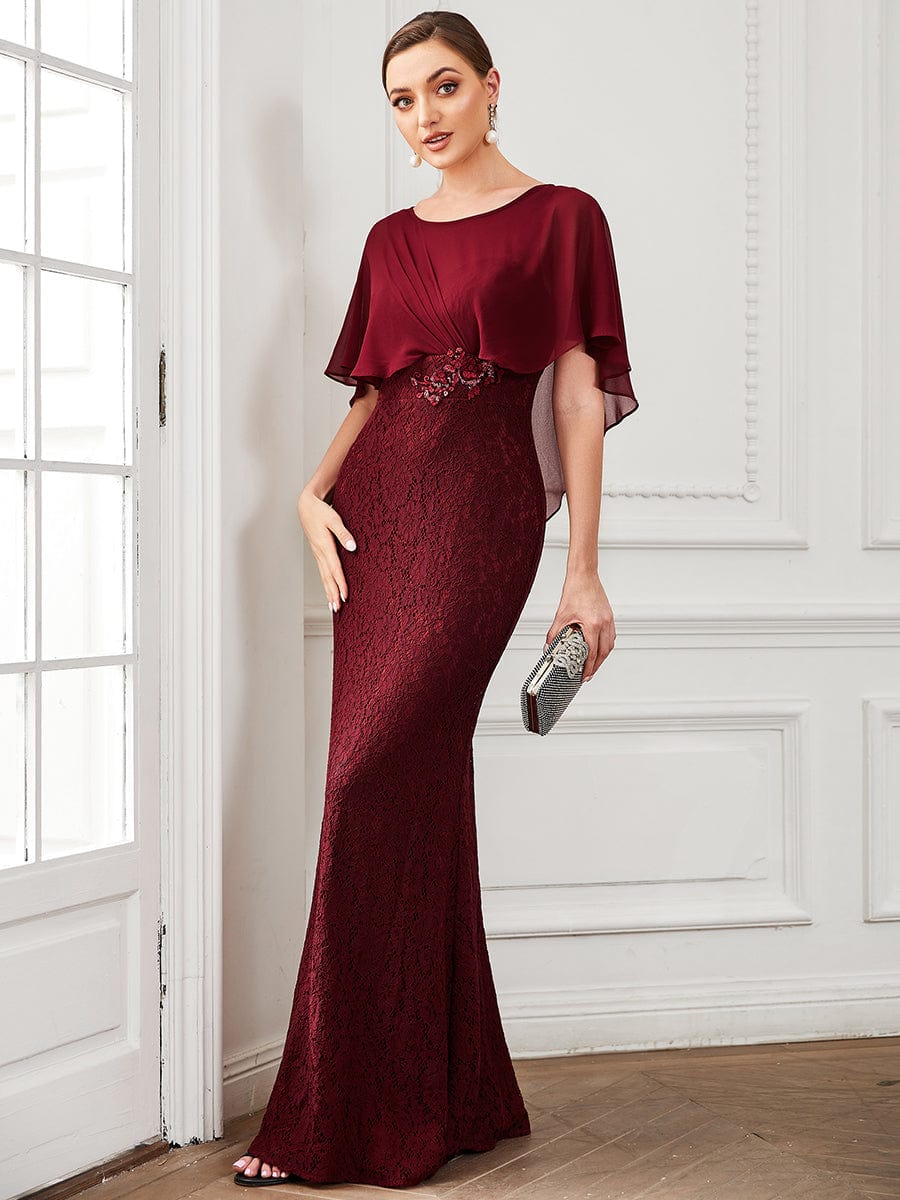 Elegant Capelet Lace Fit and Flare Mother of the Bride Dress #color_Burgundy