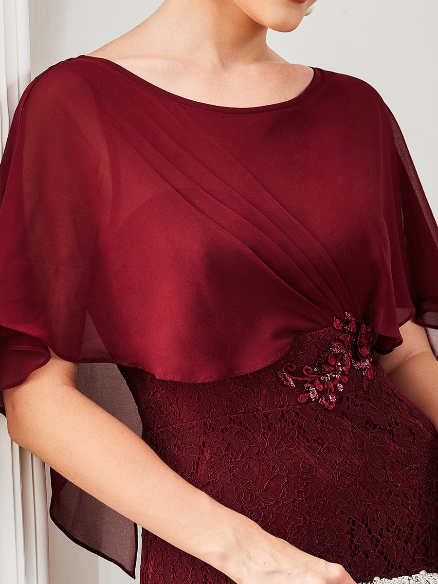 Elegant Capelet Lace Fit and Flare Mother of the Bride Dress #color_Burgundy