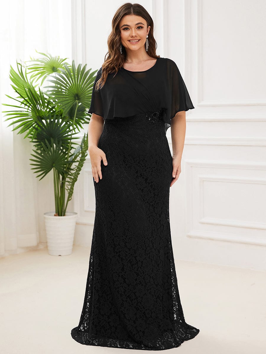 Plus Size Elegant Lace Fitted and Flared Maxi Mother of the Bride Dress #color_Black