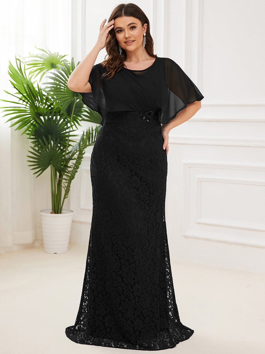 Elegant Capelet Lace Fit and Flare Mother of the Bride Dress #color_Black