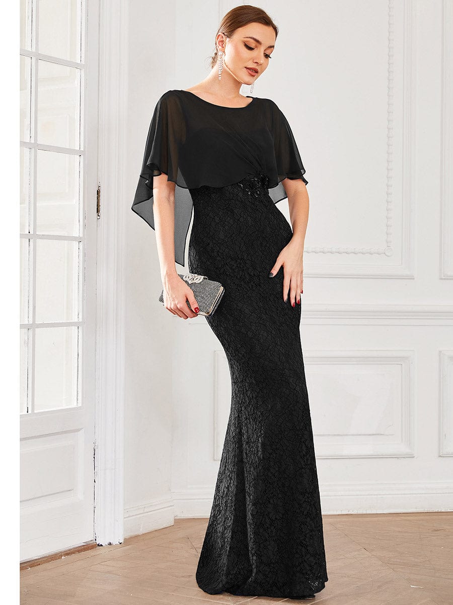 Elegant Capelet Lace Fit and Flare Mother of the Bride Dress #color_Black