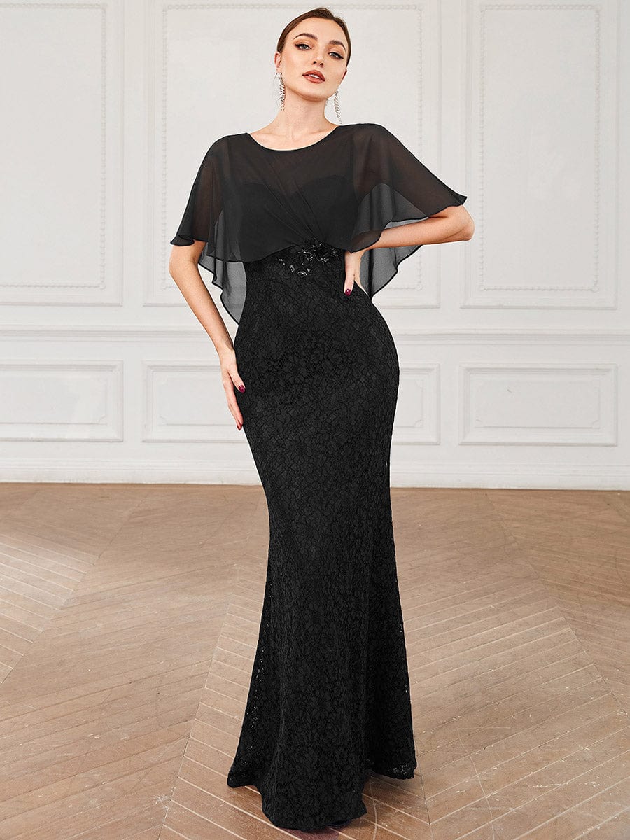 Elegant Capelet Lace Fit and Flare Mother of the Bride Dress #color_Black