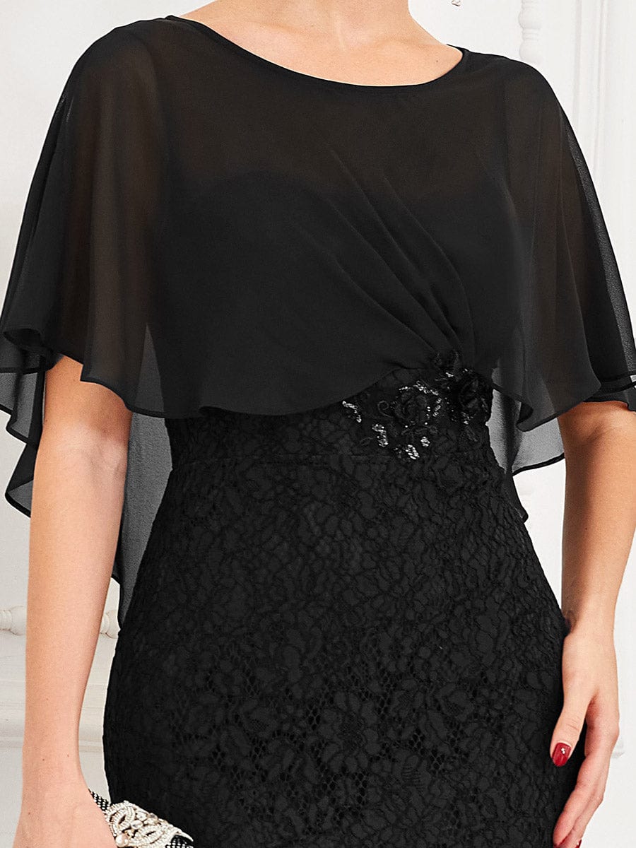 Elegant Capelet Lace Fit and Flare Mother of the Bride Dress #color_Black