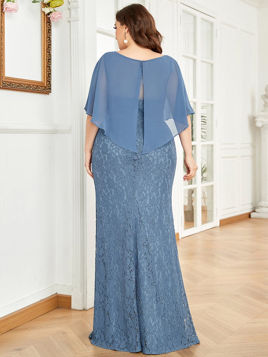 Elegant Capelet Lace Fit and Flare Mother of the Bride Dress #color_Dusty Navy