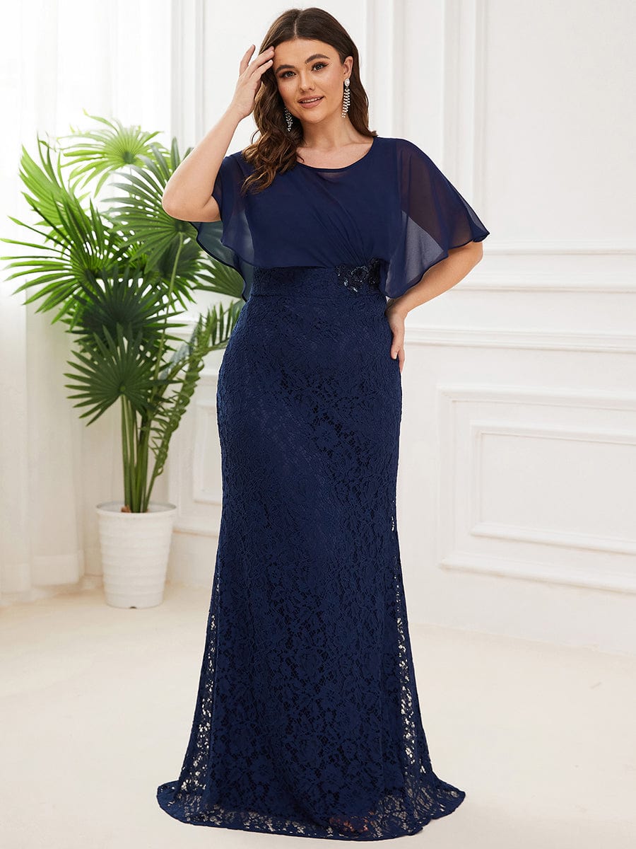 Plus Size Elegant Lace Fitted and Flared Maxi Mother of the Bride Dress #color_Navy Blue