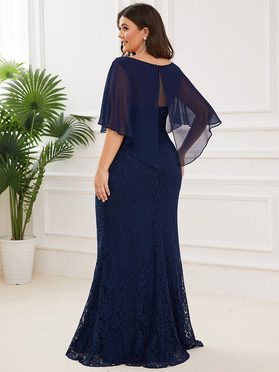 Plus Size Elegant Lace Fitted and Flared Maxi Mother of the Bride Dress #color_Navy Blue