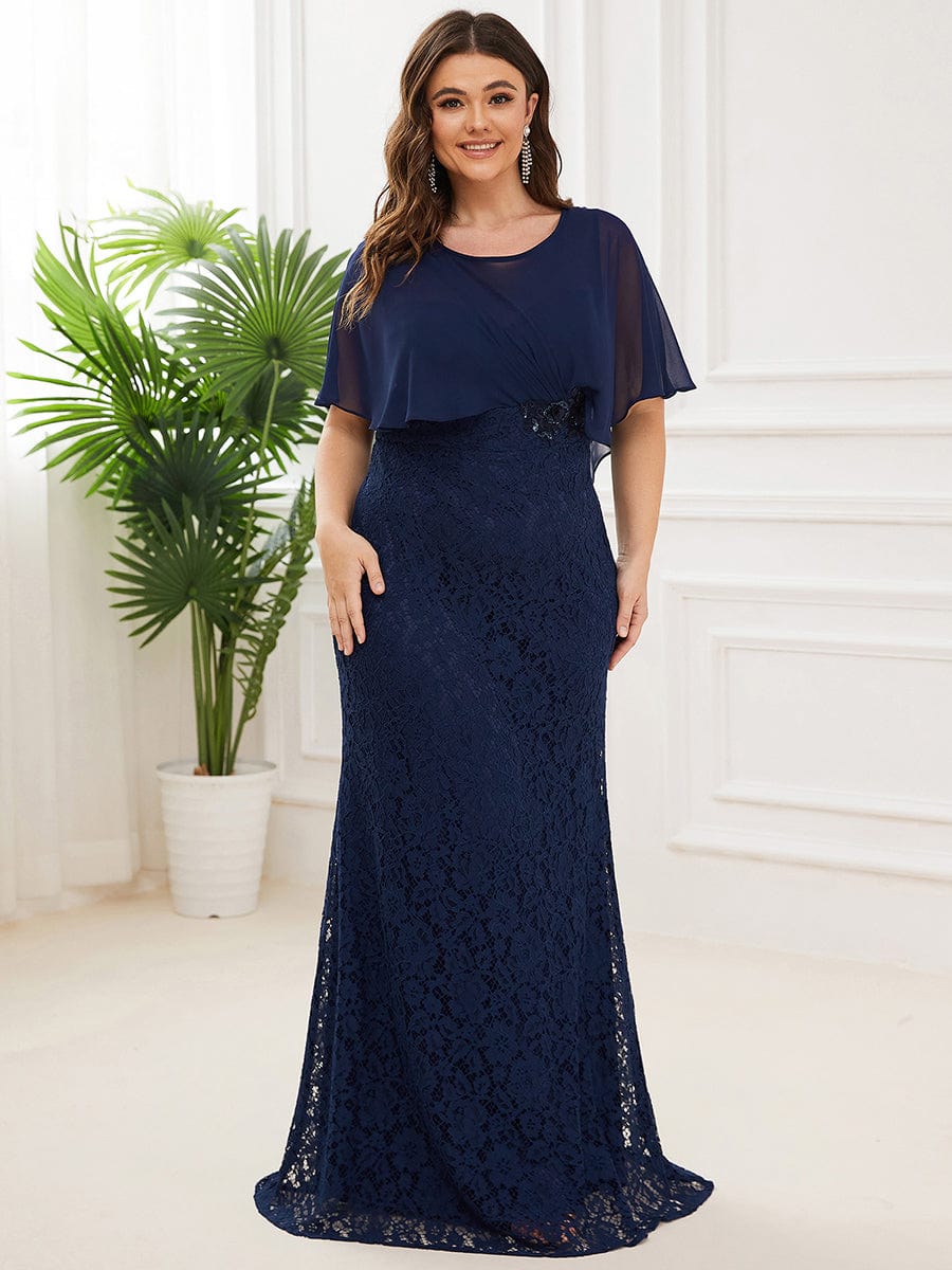 Plus Size Elegant Lace Fitted and Flared Maxi Mother of the Bride Dress #color_Navy Blue