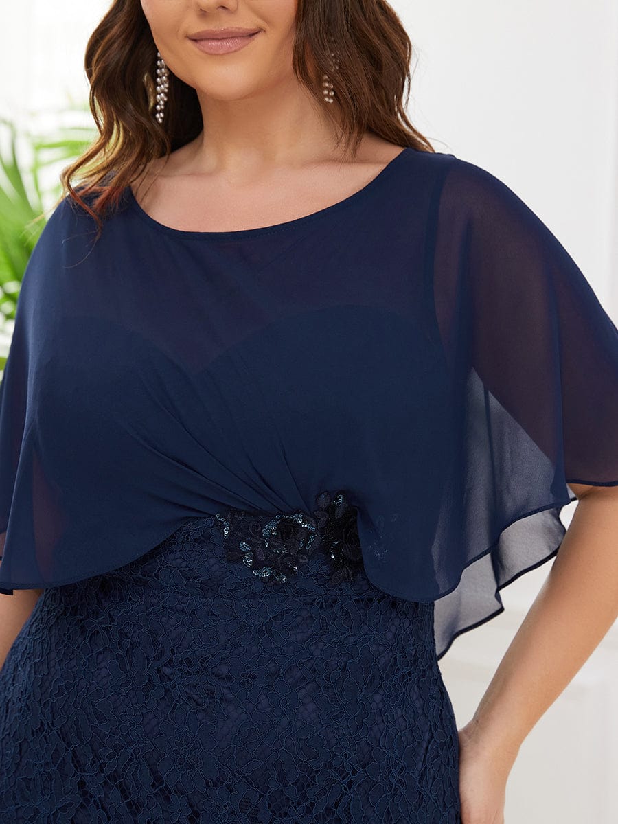 Plus Size Elegant Lace Fitted and Flared Maxi Mother of the Bride Dress #color_Navy Blue