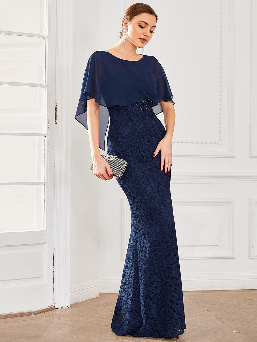 Elegant Capelet Lace Fit and Flare Mother of the Bride Dress #color_Navy Blue