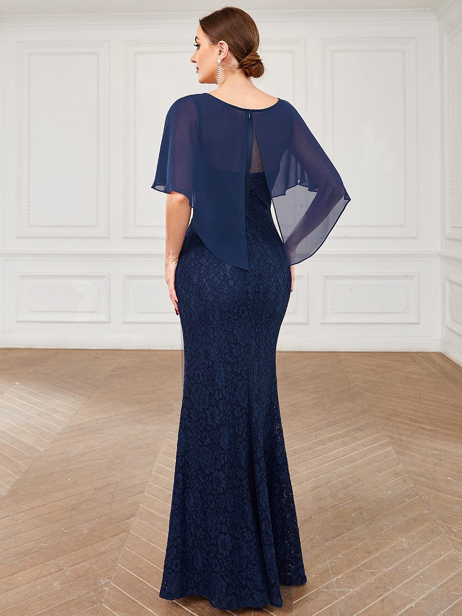 Elegant Capelet Lace Fit and Flare Mother of the Bride Dress #color_Navy Blue