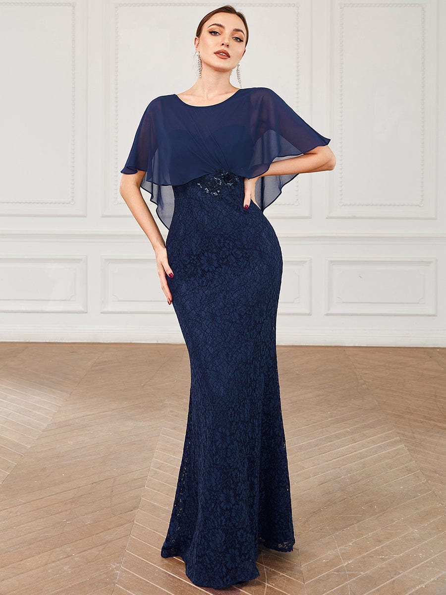 Elegant Capelet Lace Fit and Flare Mother of the Bride Dress #color_Navy Blue