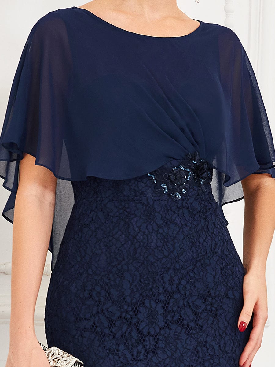 Elegant Capelet Lace Fit and Flare Mother of the Bride Dress #color_Navy Blue