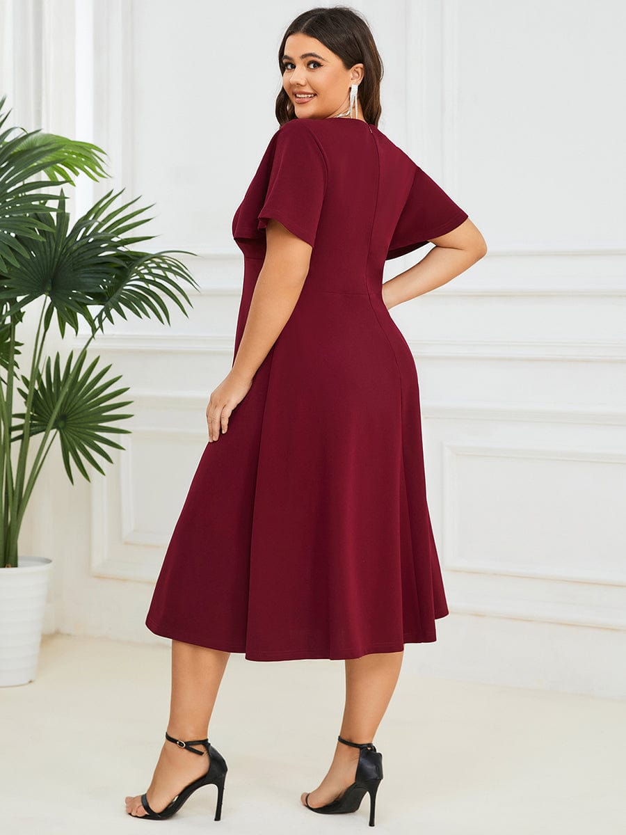 Short Flutter Sleeve V-Neck Mother of the Bride Midi Dress #Color_Burgundy