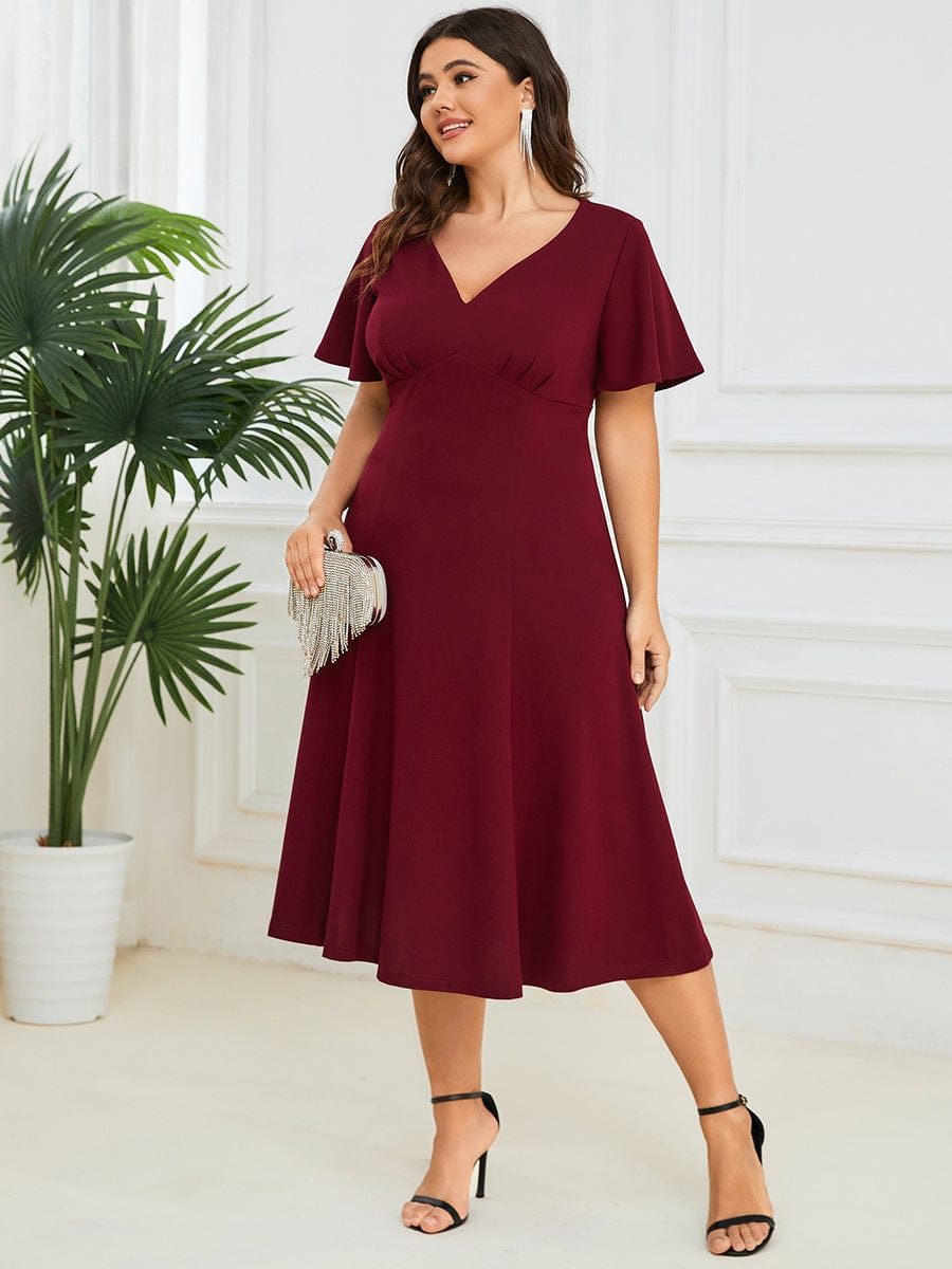 Short Flutter Sleeve V-Neck Mother of the Bride Midi Dress #Color_Burgundy