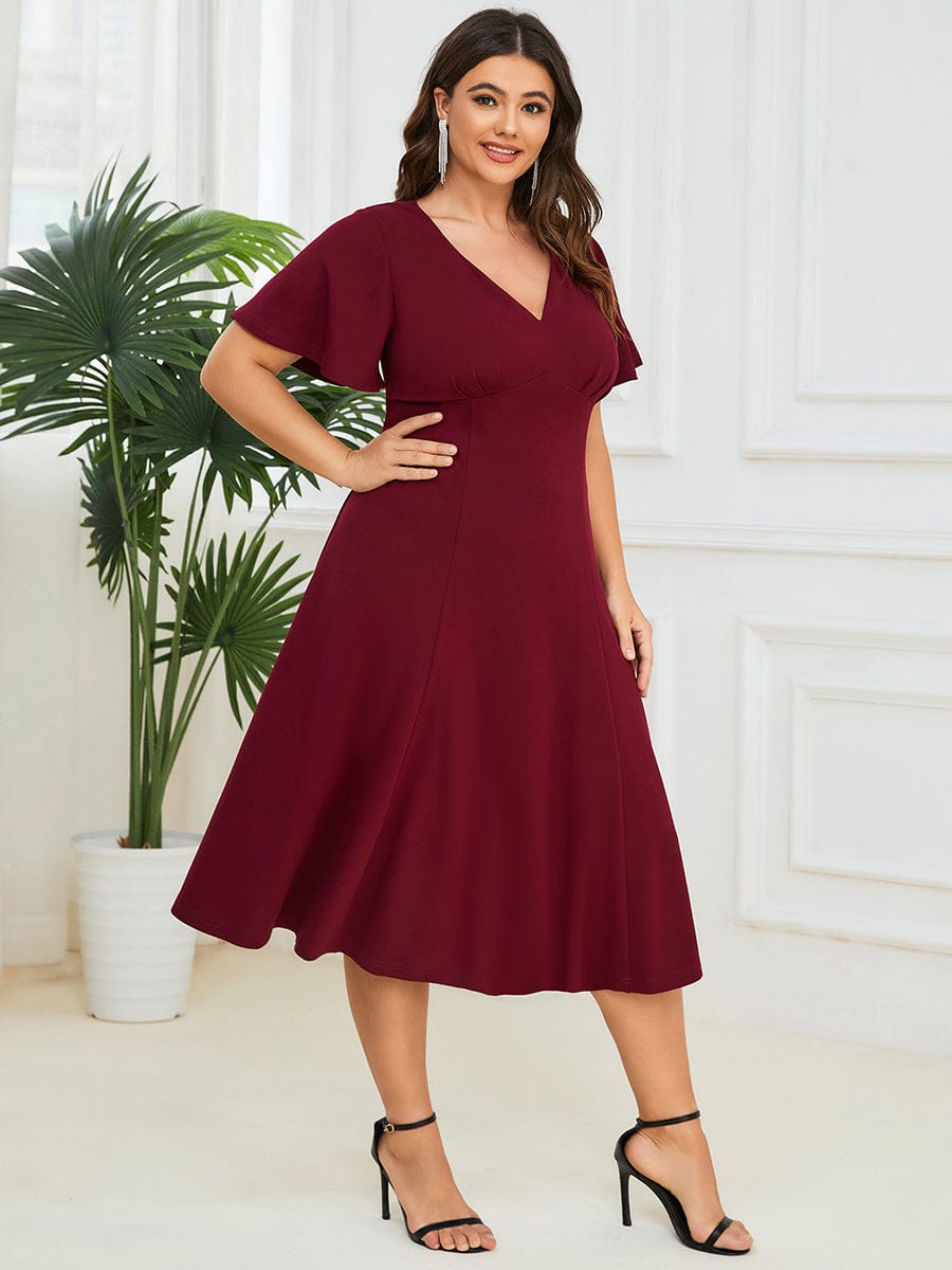 Short Flutter Sleeve V-Neck Mother of the Bride Midi Dress #Color_Burgundy