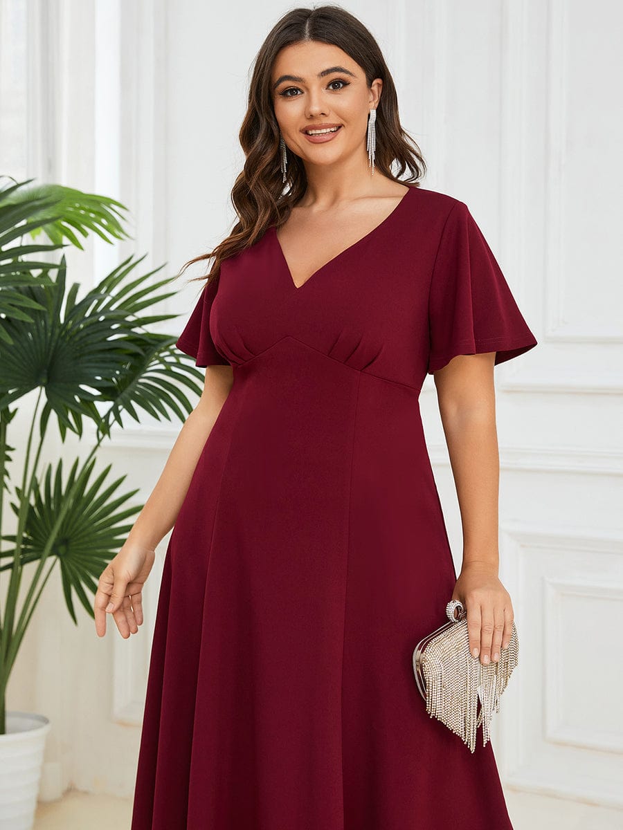 Short Flutter Sleeve V-Neck Mother of the Bride Midi Dress #Color_Burgundy