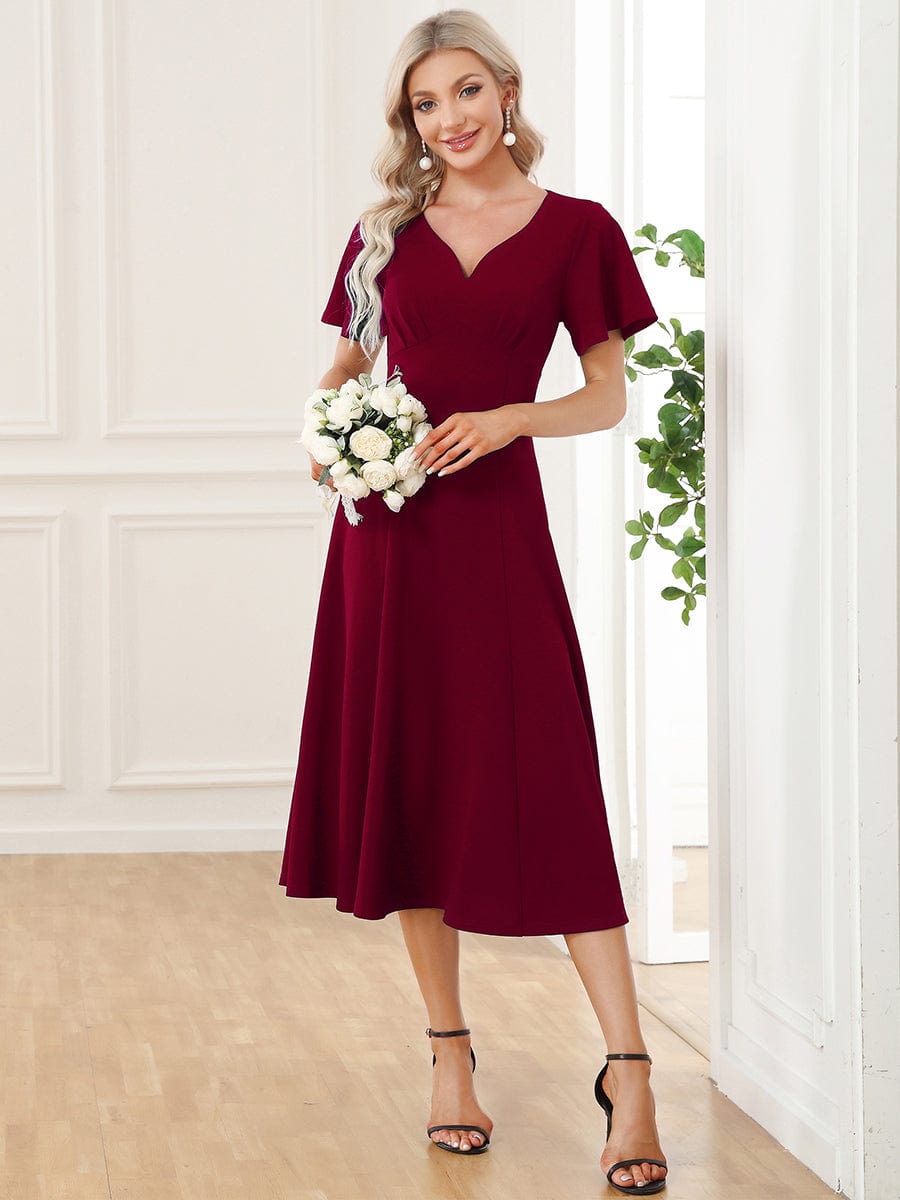 Short Flutter Sleeve V-Neck Mother of the Bride Midi Dress #Color_Burgundy