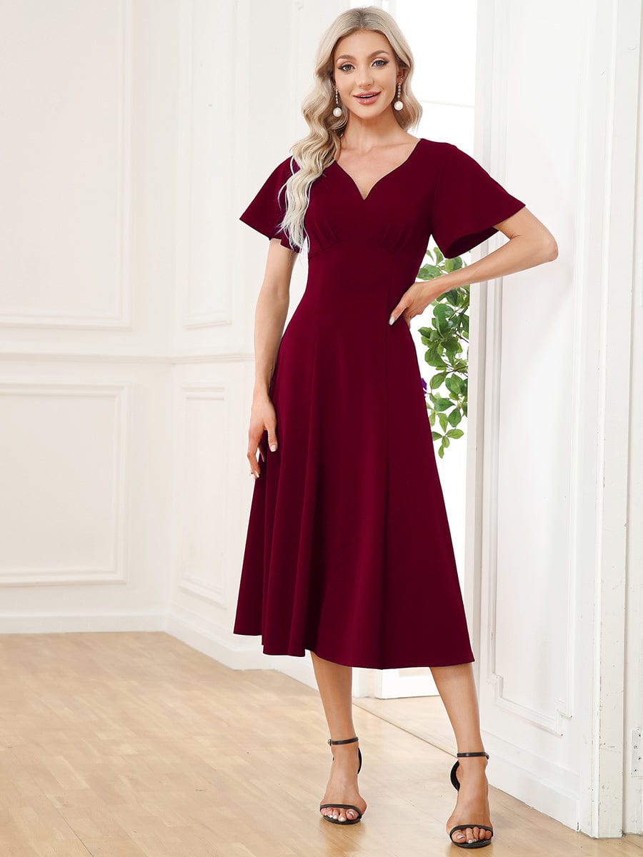 Short Flutter Sleeve V-Neck Mother of the Bride Midi Dress #Color_Burgundy