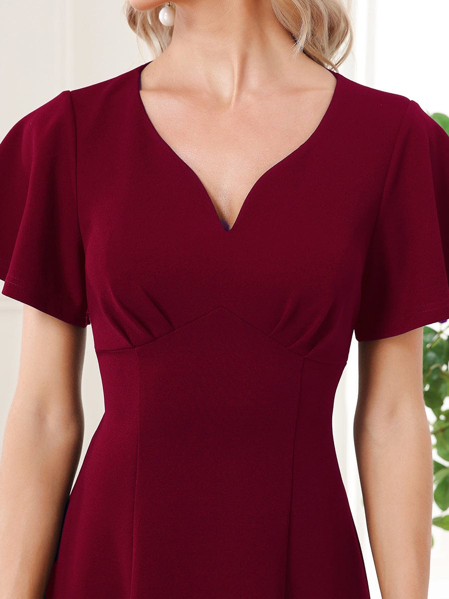 Short Flutter Sleeve V-Neck Mother of the Bride Midi Dress #Color_Burgundy