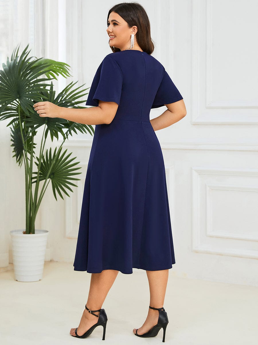 Short Flutter Sleeve V-Neck Mother of the Bride Midi Dress #Color_Navy Blue