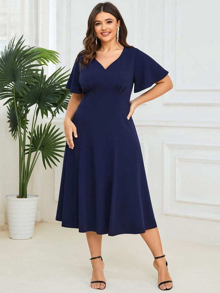 Plus Size V-Neck Short Flutter Sleeve Midi Mother of the Bride Dress ...