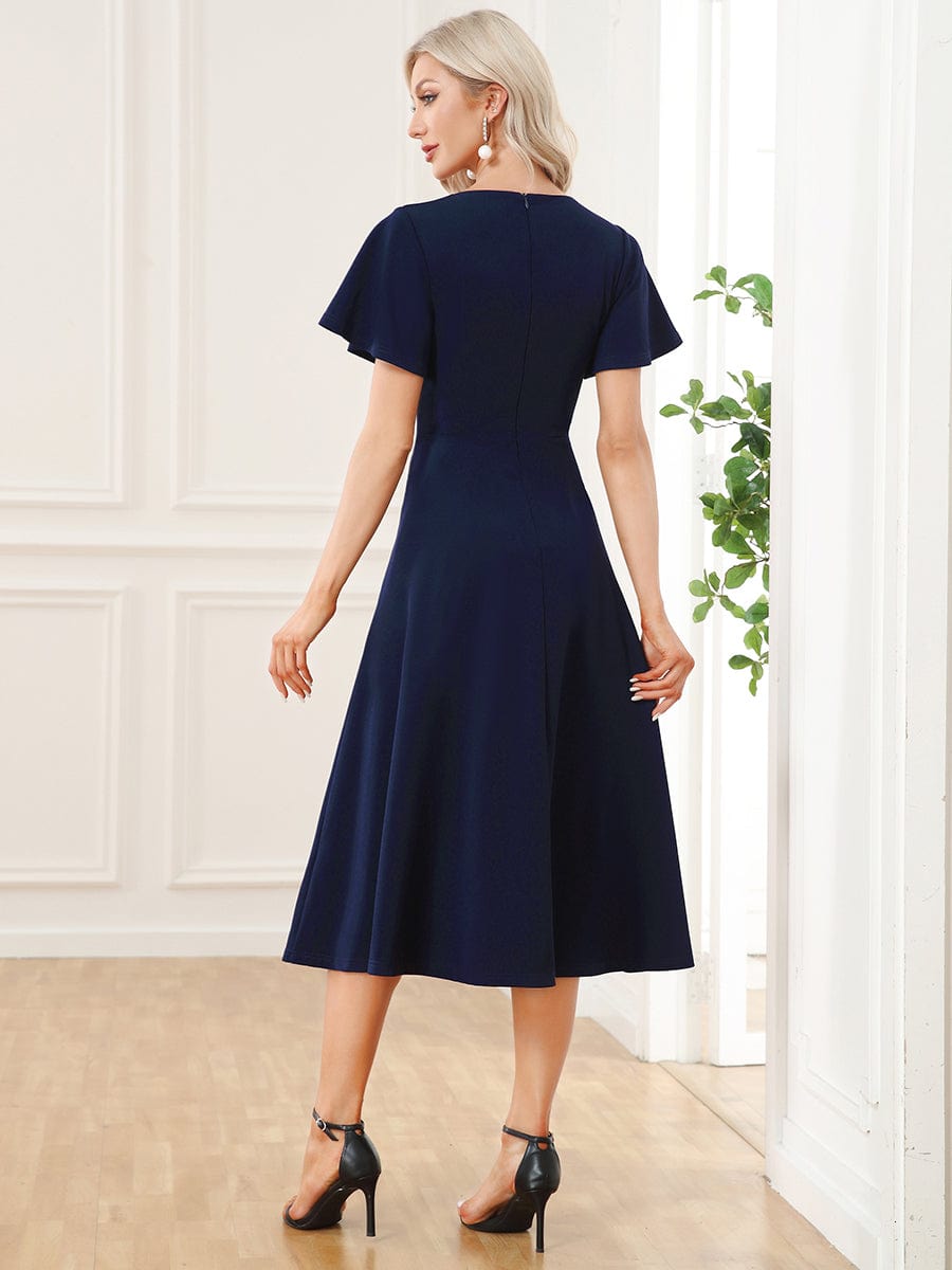 Short Flutter Sleeve V-Neck Mother of the Bride Midi Dress #Color_Navy Blue