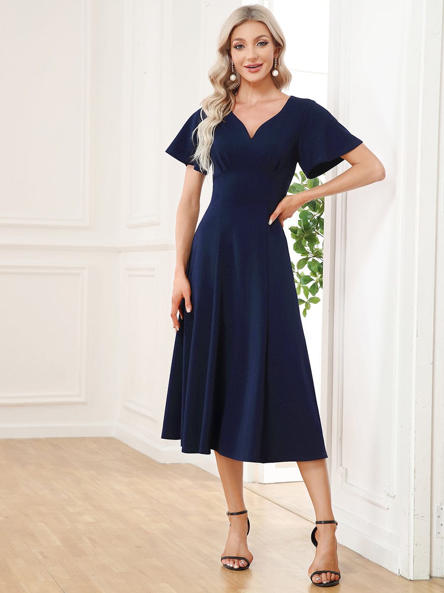 Short Flutter Sleeve V-Neck Mother of the Bride Midi Dress #Color_Navy Blue