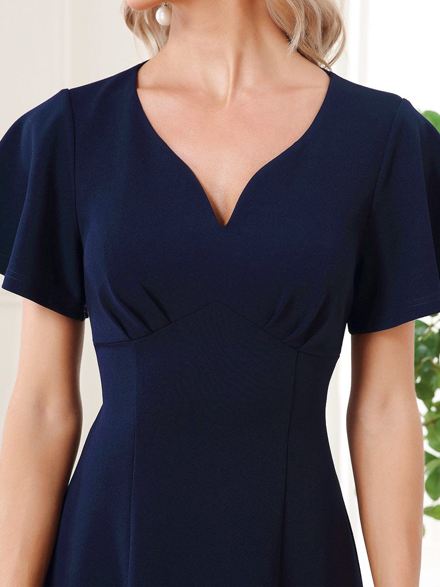 Short Flutter Sleeve V-Neck Mother of the Bride Midi Dress #Color_Navy Blue