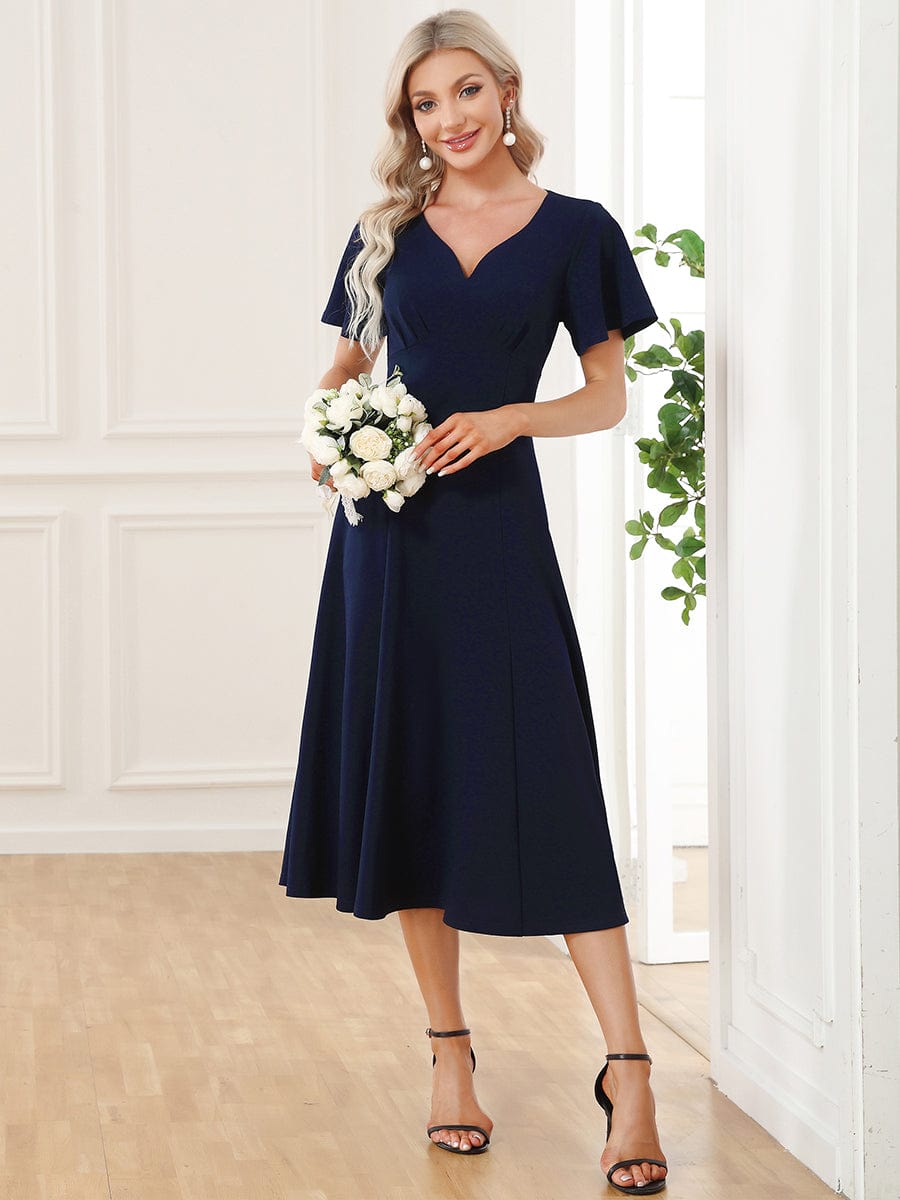 Short Flutter Sleeve V Neck Mother of the Bride Midi Dress Final Sale