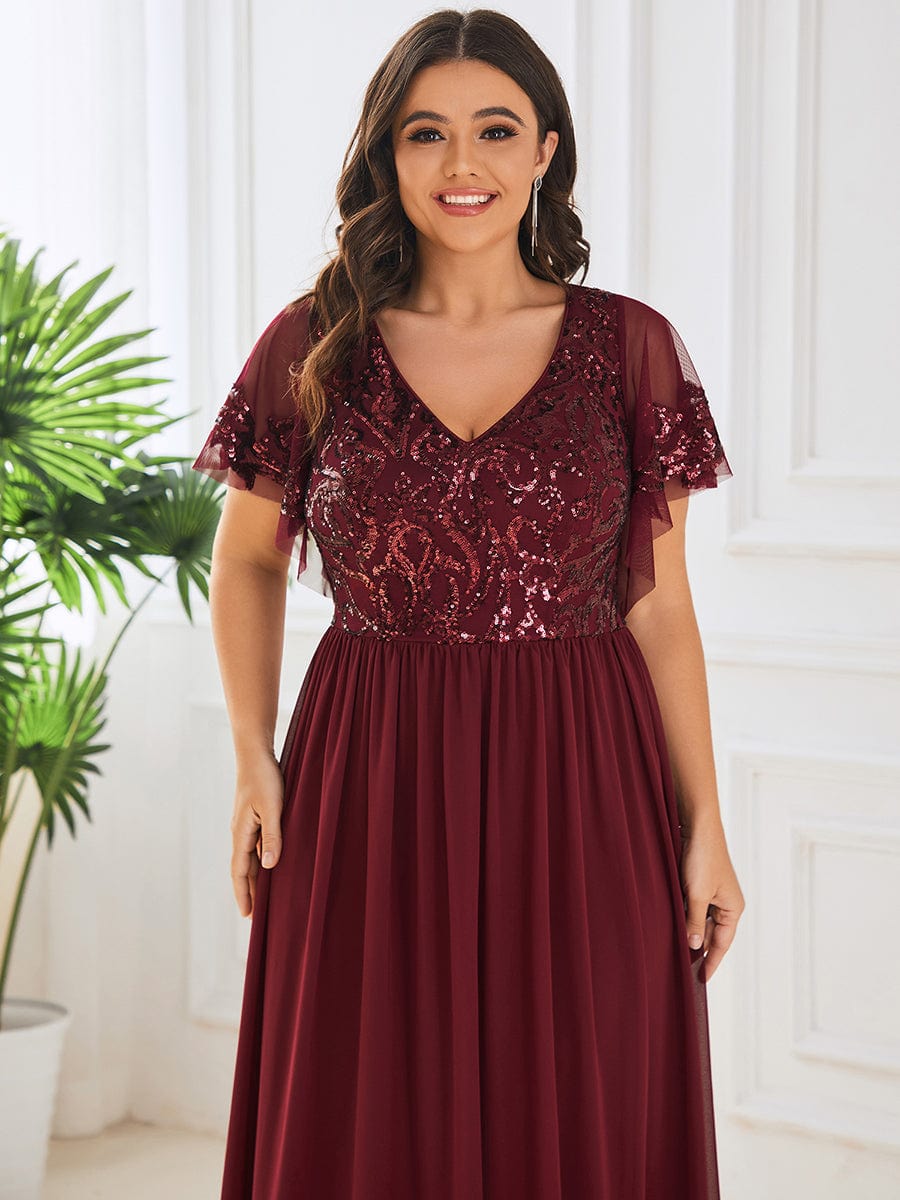 Plus Size V-Neck Short Sleeve Sequin Bodice Mother of the Bride Dress #Color_Burgundy