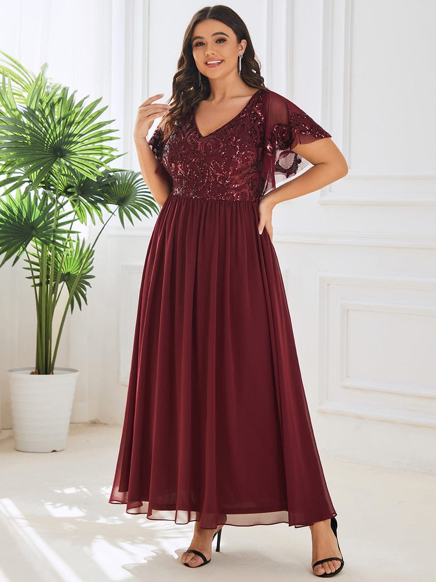 Plus Size V-Neck Short Sleeve Sequin Bodice Mother of the Bride Dress #Color_Burgundy