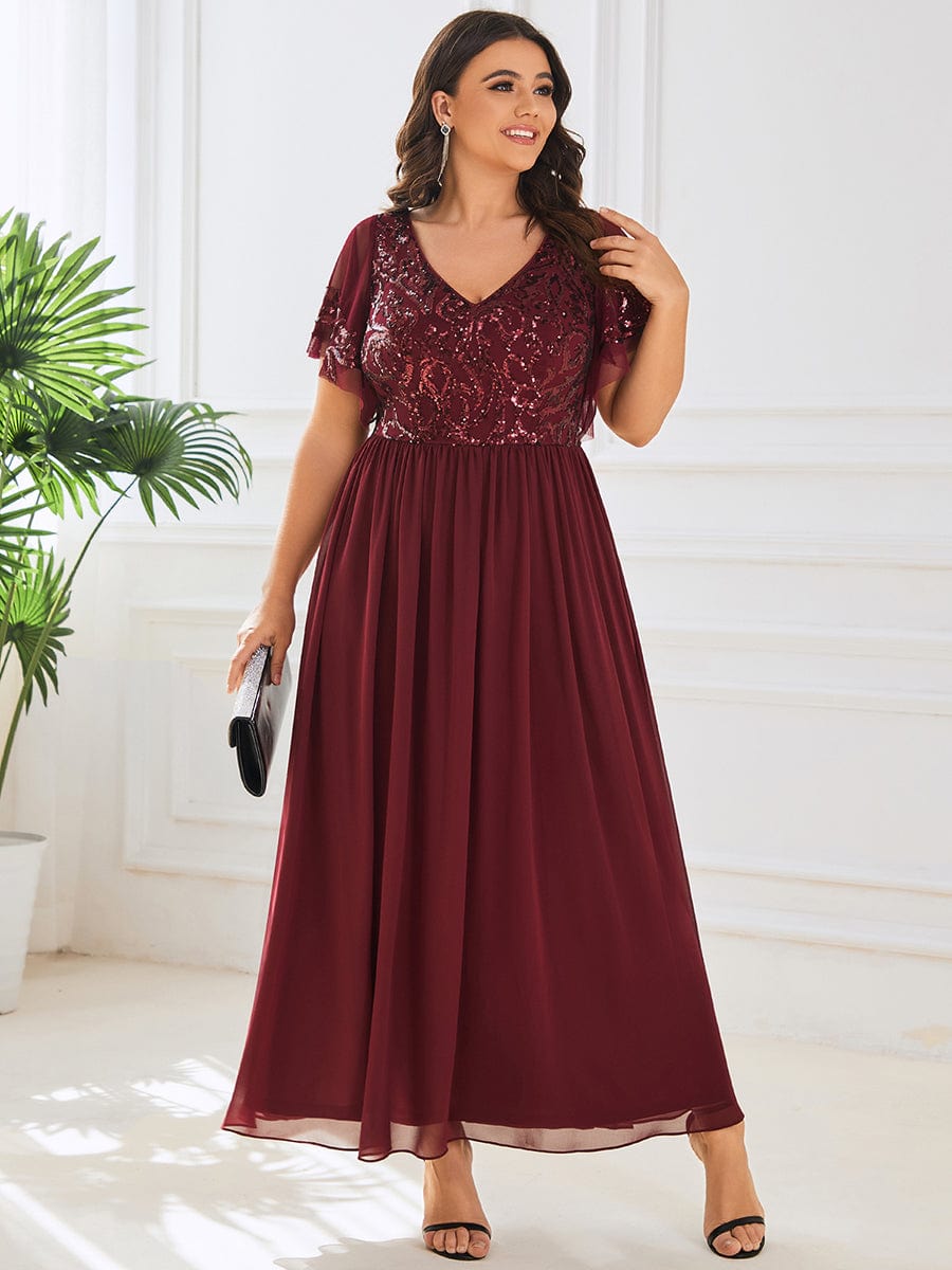 Plus Size V-Neck Short Sleeve Sequin Bodice Mother of the Bride Dress #Color_Burgundy