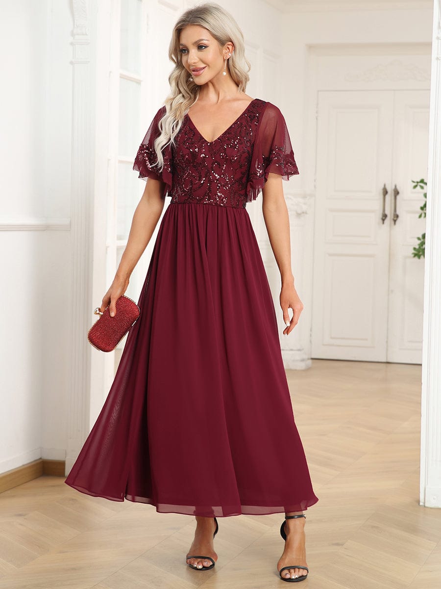 Short Sleeve V-Neck Sequin Chiffon A-Line Mother of the Bride Dress #Color_Burgundy