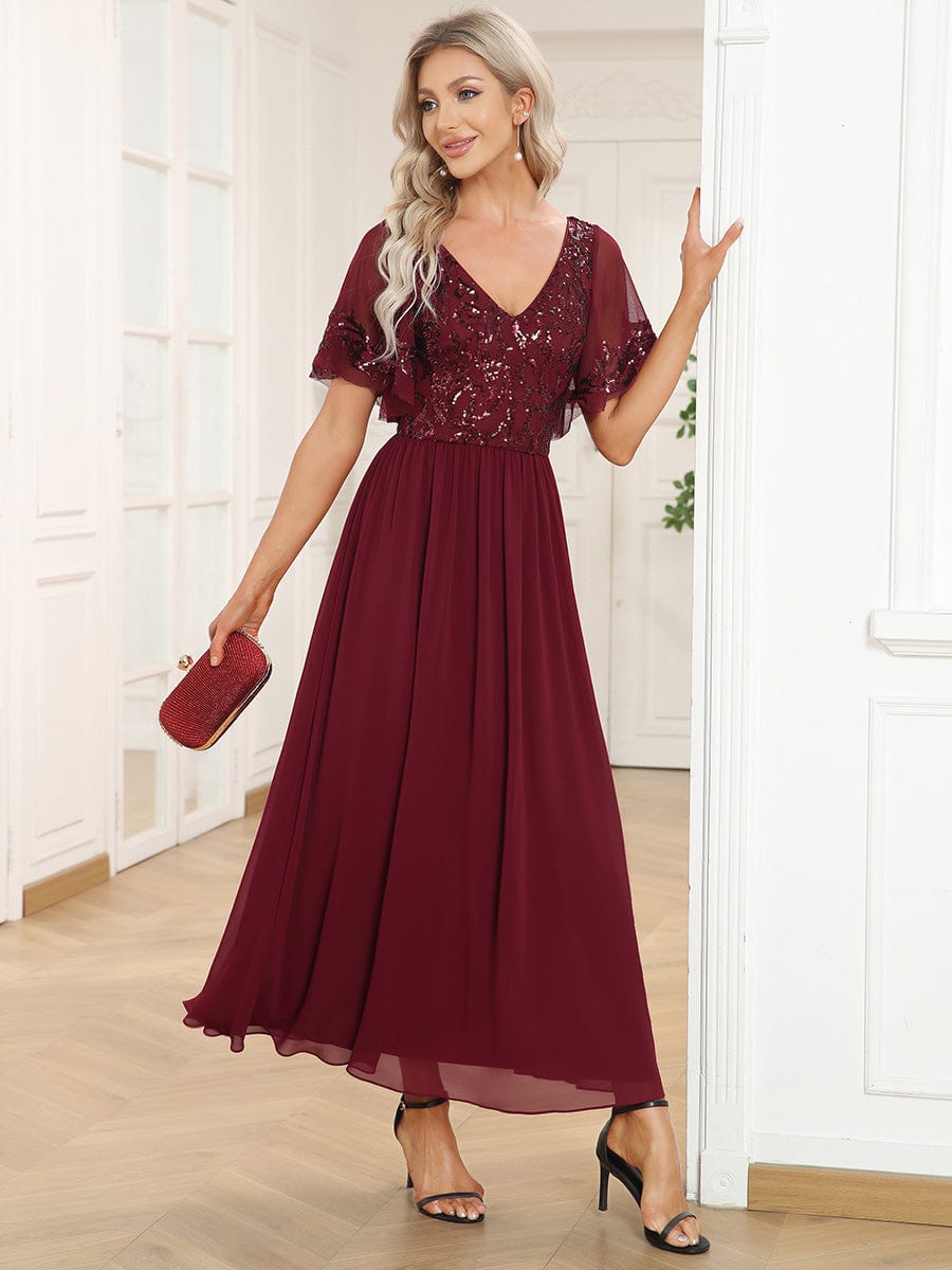 Short Sleeve V-Neck Sequin Chiffon A-Line Mother of the Bride Dress #Color_Burgundy