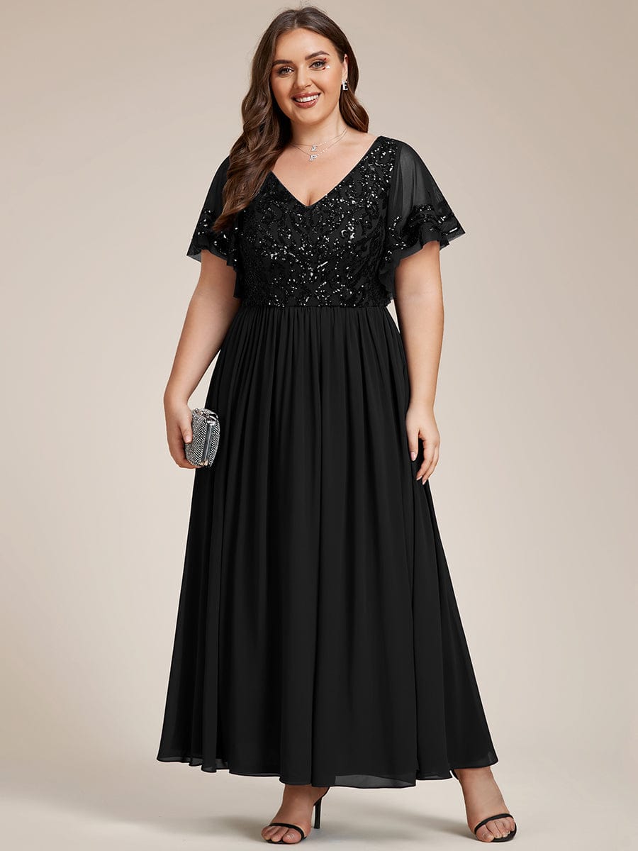 Short Sleeve V-Neck Sequin Chiffon A-Line Mother of the Bride Dress #Color_Black