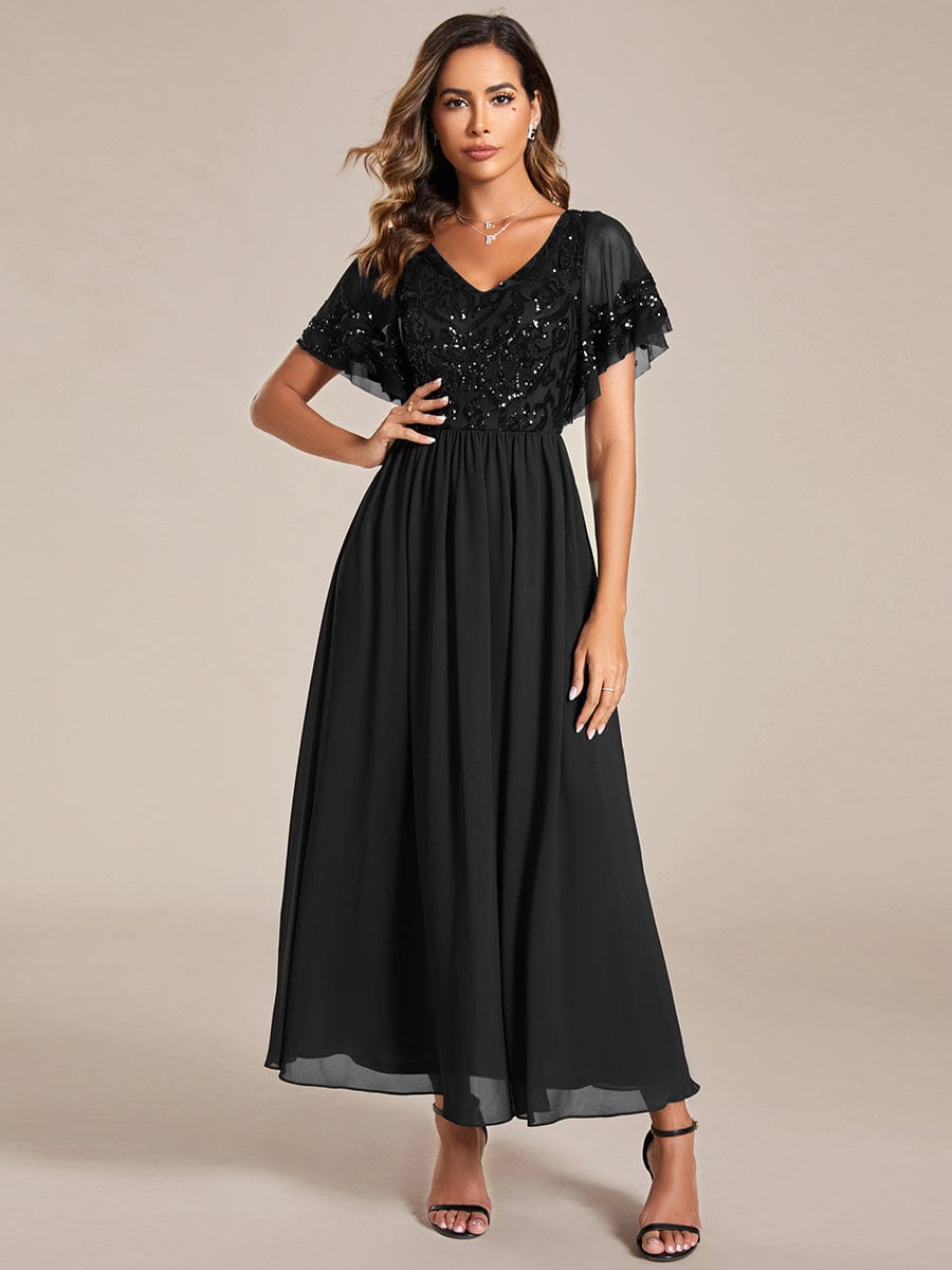 Short Sleeve V-Neck Sequin Chiffon A-Line Mother of the Bride Dress #Color_Black