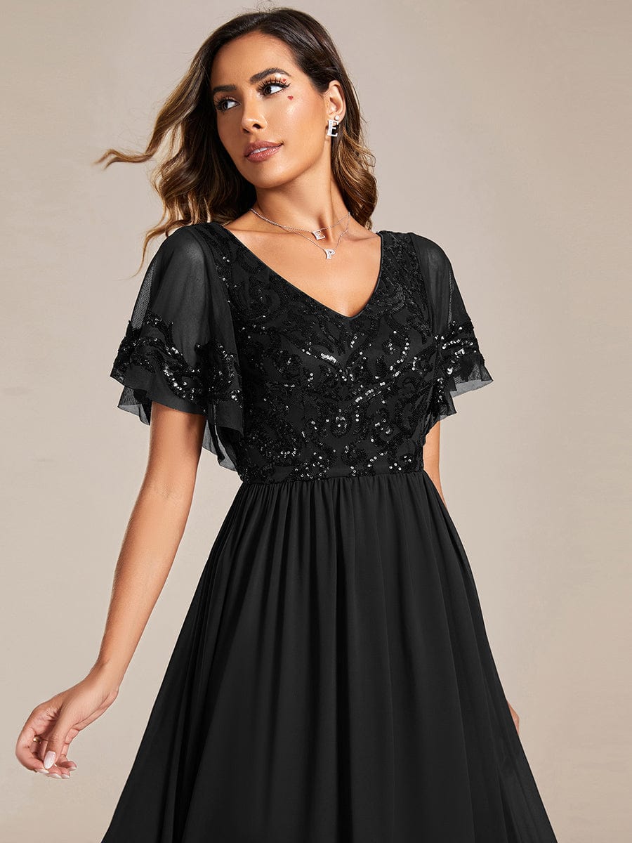 Short Sleeve V-Neck Sequin Chiffon A-Line Mother of the Bride Dress #Color_Black