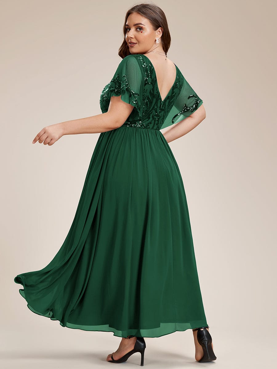 Short Sleeve V-Neck Sequin Chiffon A-Line Mother of the Bride Dress #Color_Dark Green