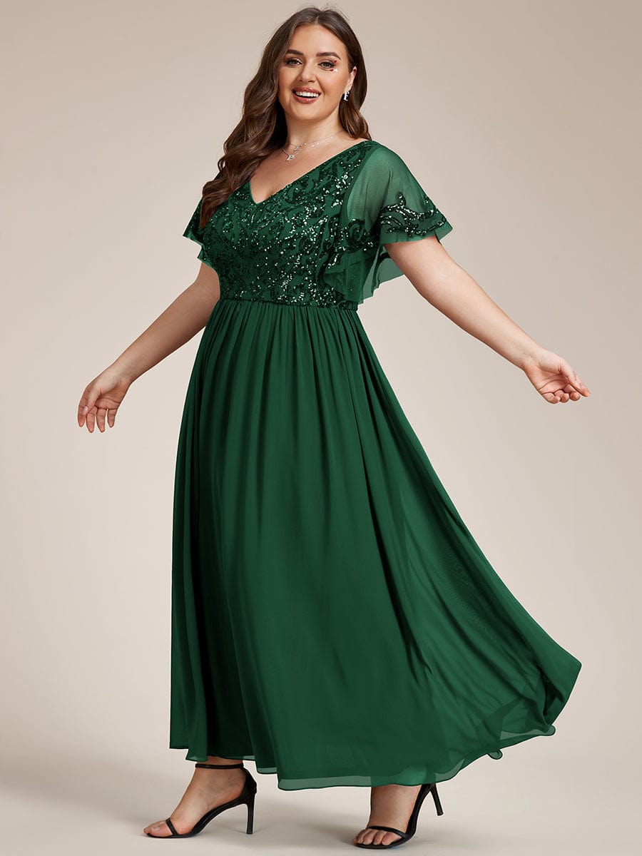 Plus Size V-Neck Short Sleeve Sequin Bodice Mother of the Bride Dress #Color_Dark Green