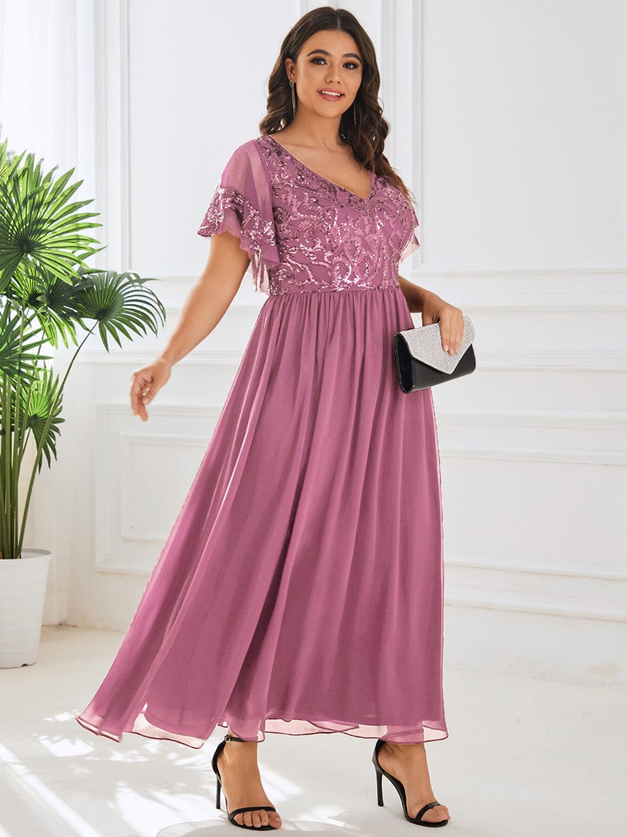 Short Sleeve V-Neck Sequin Chiffon A-Line Mother of the Bride Dress #Color_Purple Orchid