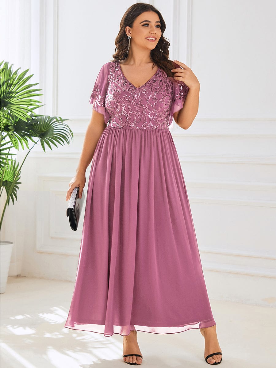 Short Sleeve V-Neck Sequin Chiffon A-Line Mother of the Bride Dress #Color_Purple Orchid