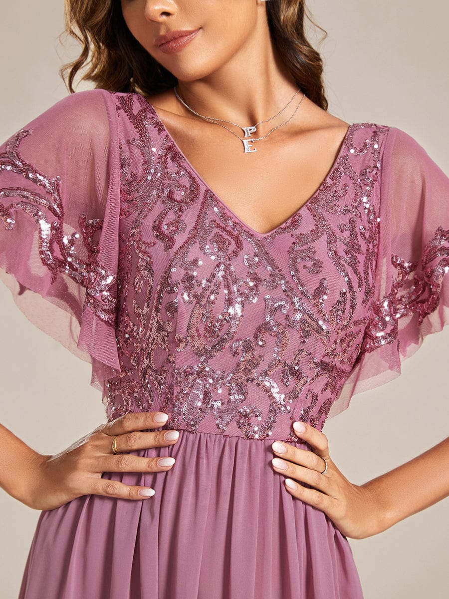 Short Sleeve V-Neck Sequin Chiffon A-Line Mother of the Bride Dress #Color_Purple Orchid