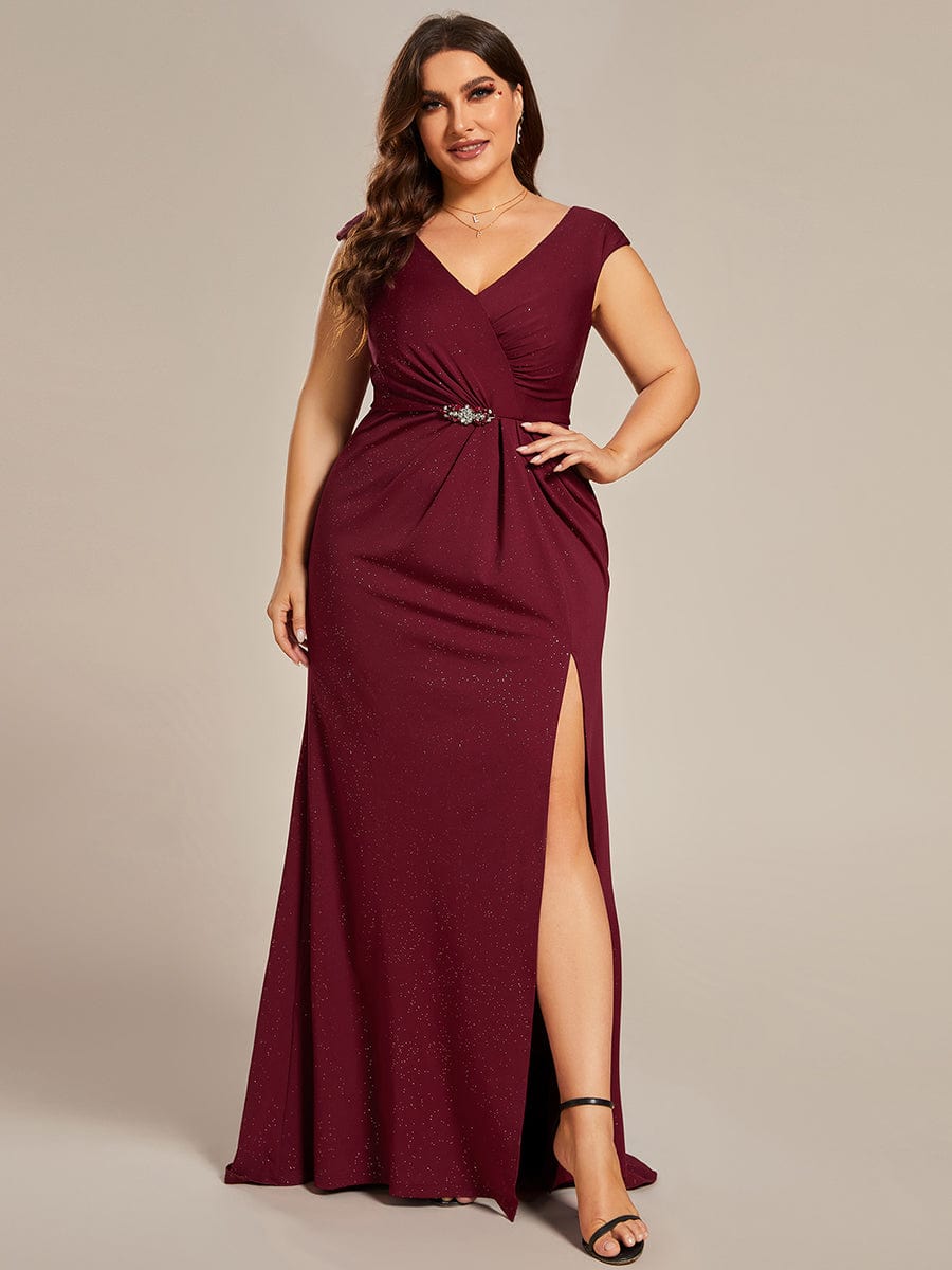 Elegant V-neck Mermaid Wedding Mother Dress with Front Slit #Color_Burgundy