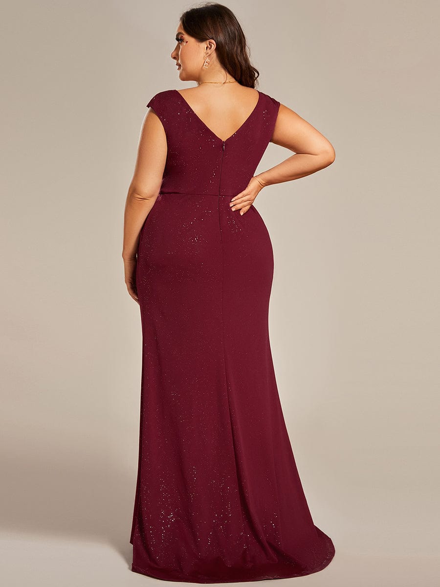 Elegant V-neck Mermaid Wedding Mother Dress with Front Slit #Color_Burgundy