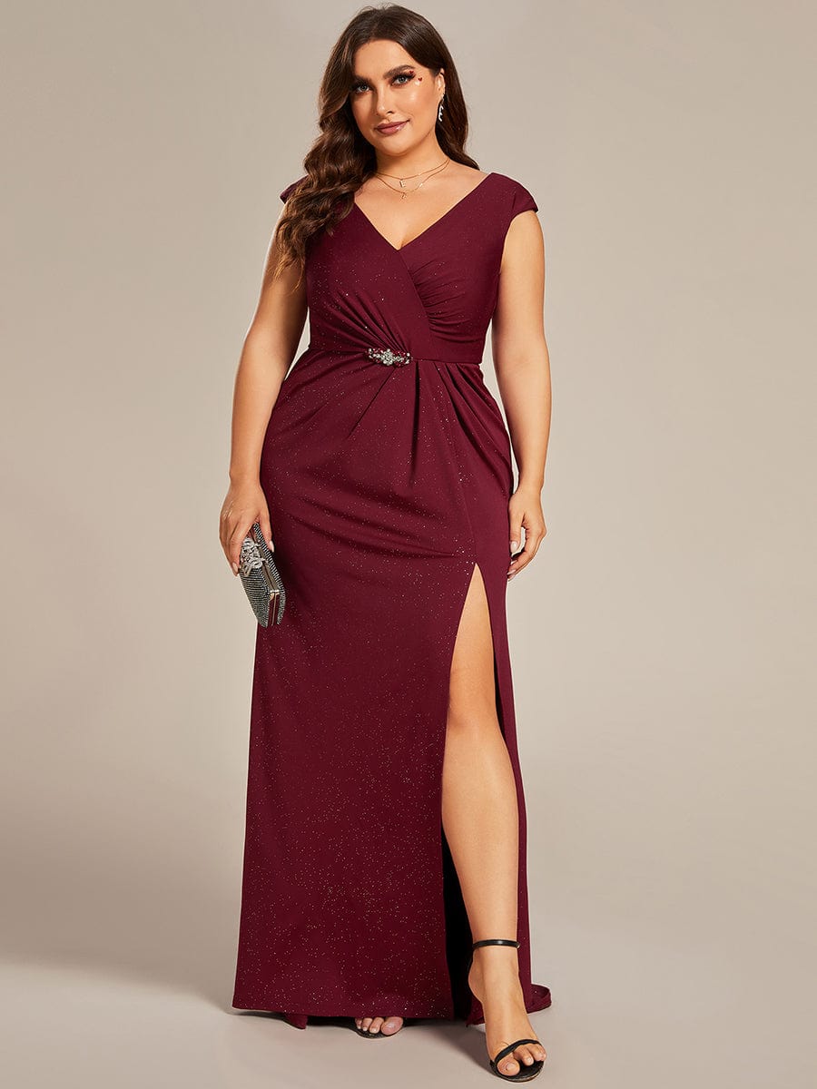 Elegant V-neck Mermaid Wedding Mother Dress with Front Slit #Color_Burgundy