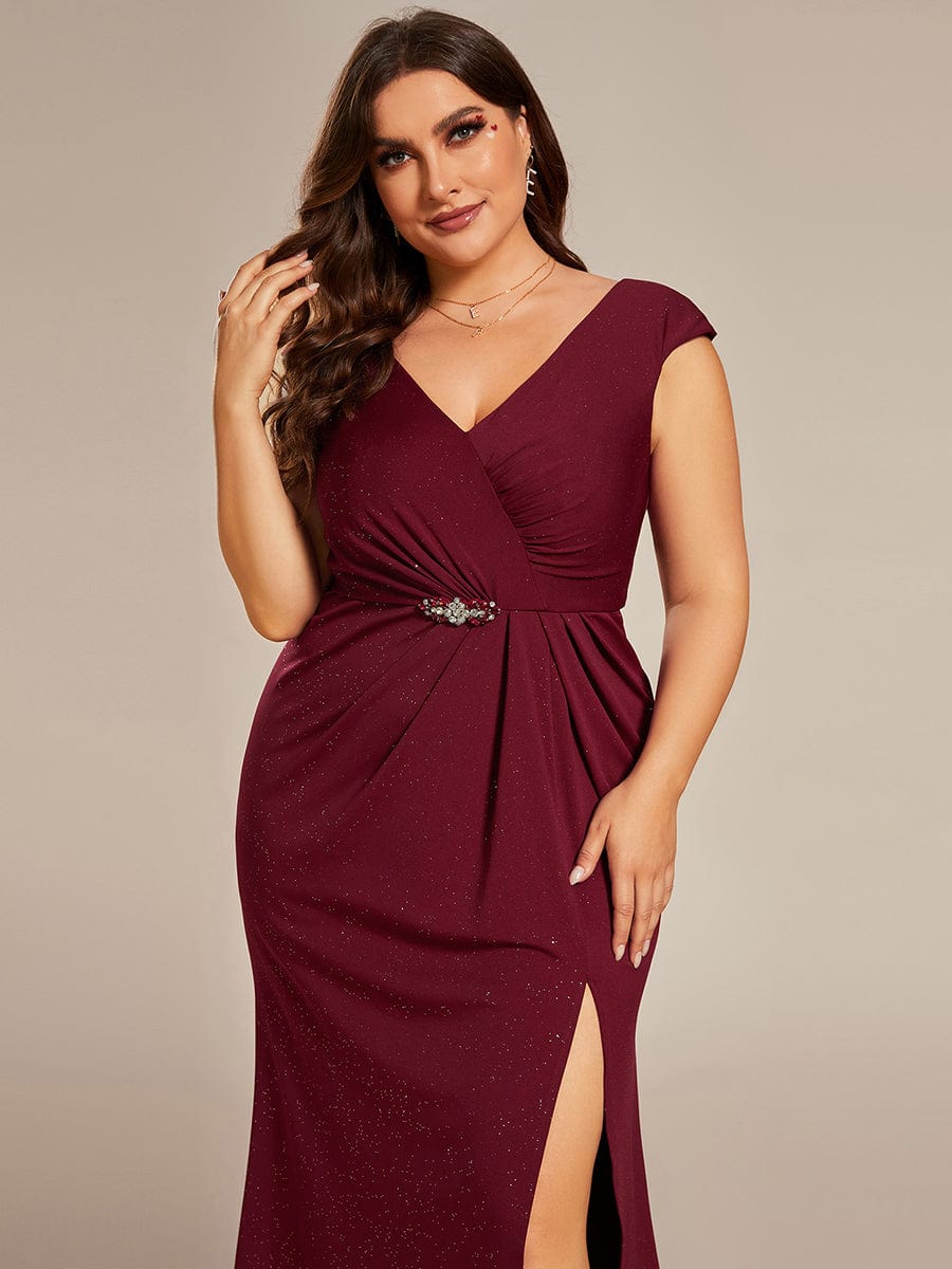 Elegant V-neck Mermaid Wedding Mother Dress with Front Slit #Color_Burgundy