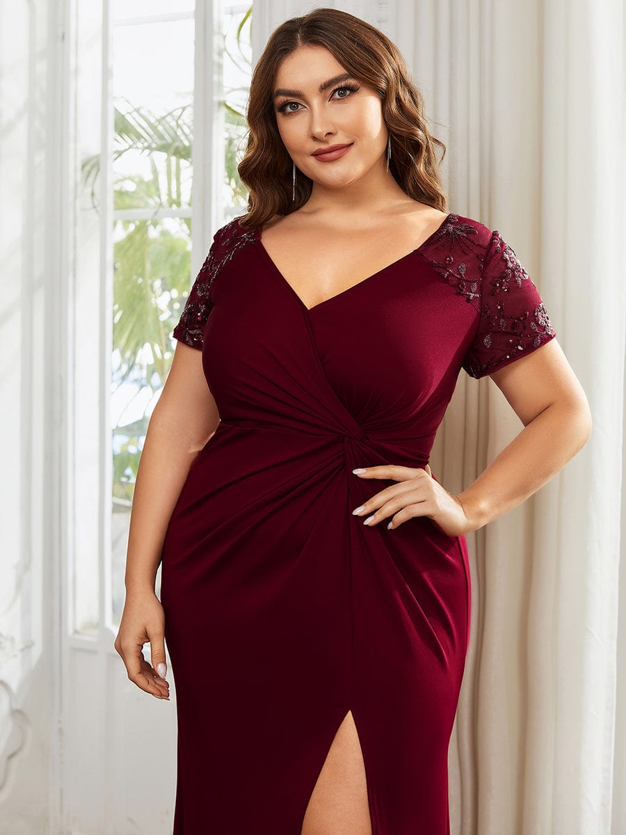 Short Sequin Sleeve V-Neck Front Slit Mother of the Bride Dress #Color_Burgundy