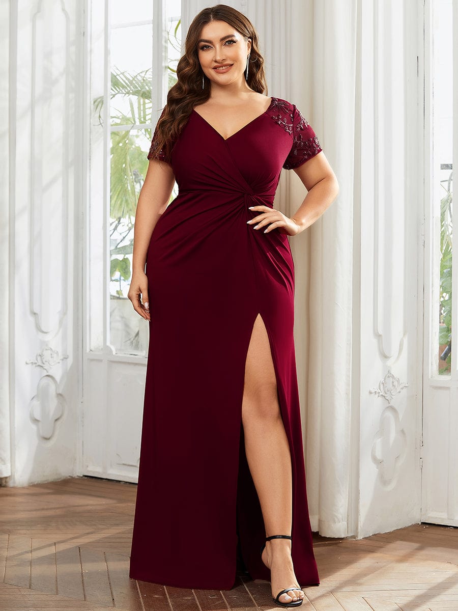 Short Sequin Sleeve V-Neck Front Slit Mother of the Bride Dress #Color_Burgundy